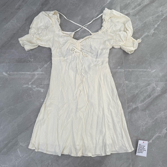 Women’s Topshop Ruched Front Tea Dress Puff Sleeves Linen Blend Size 10 - Picture 3 of 16